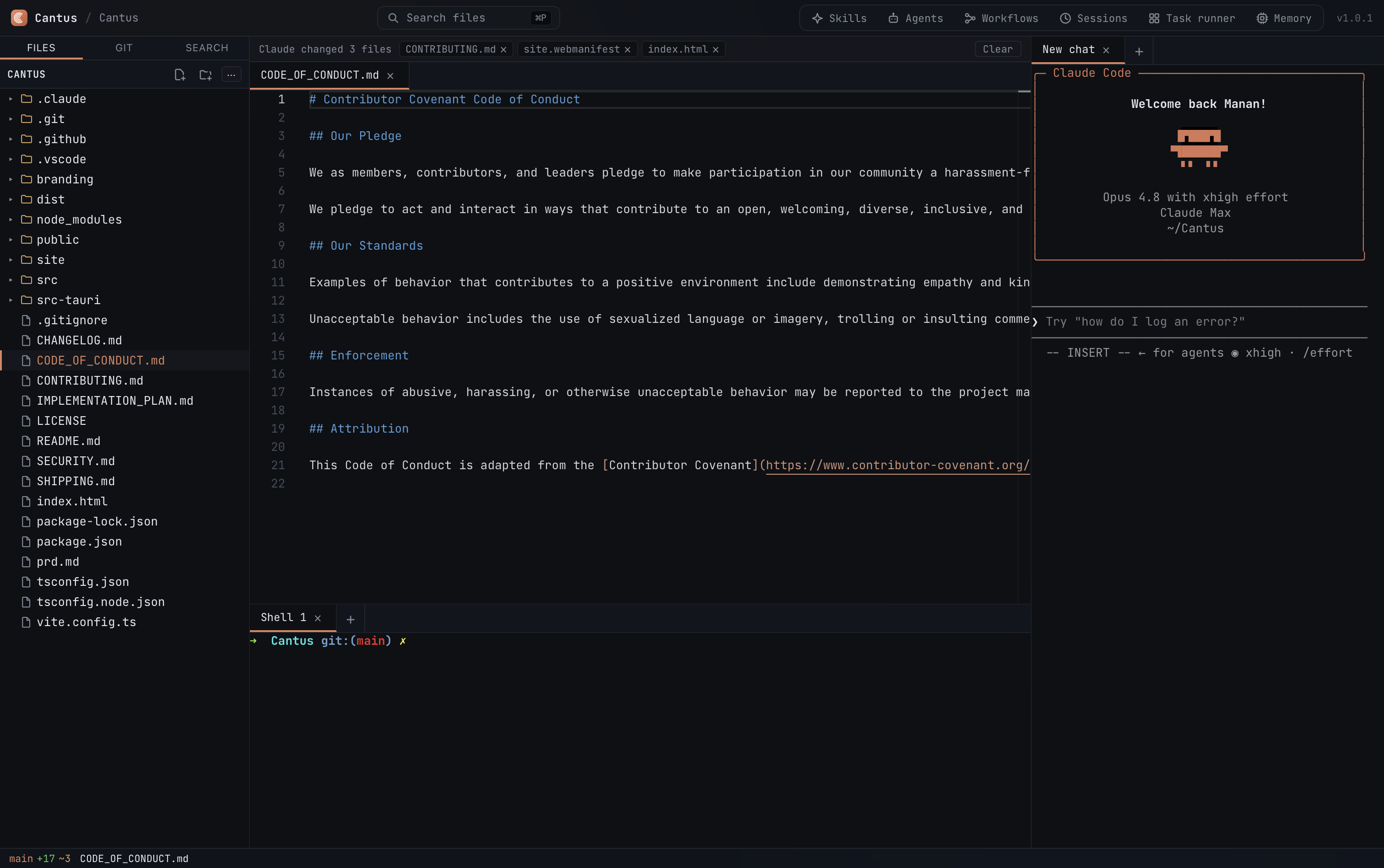 The Cantus four-pane workspace: file tree on the left, Monaco editor in the center, the Claude Code CLI in an integrated terminal, and a shell panel — all in one native macOS window